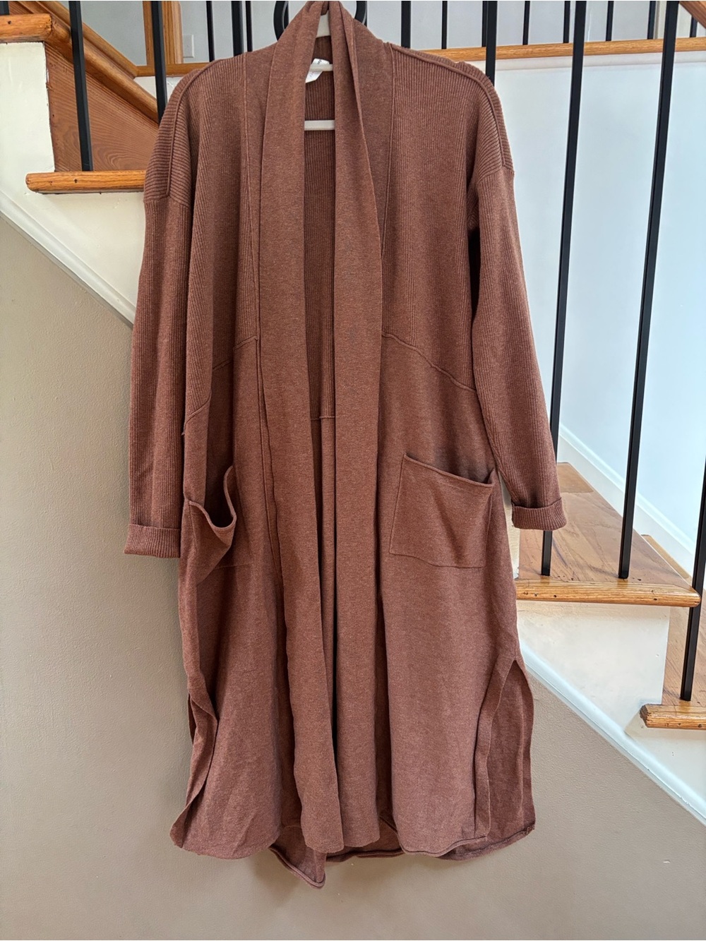 Anthropology Daily Practice Long Brown Open-Front Knit Robe Cardigan